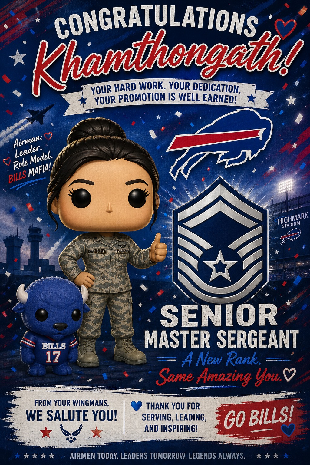 Buffalo Bills themed congratulations card with Funko-style figurine of SMSgt Brenda Khamthongath.